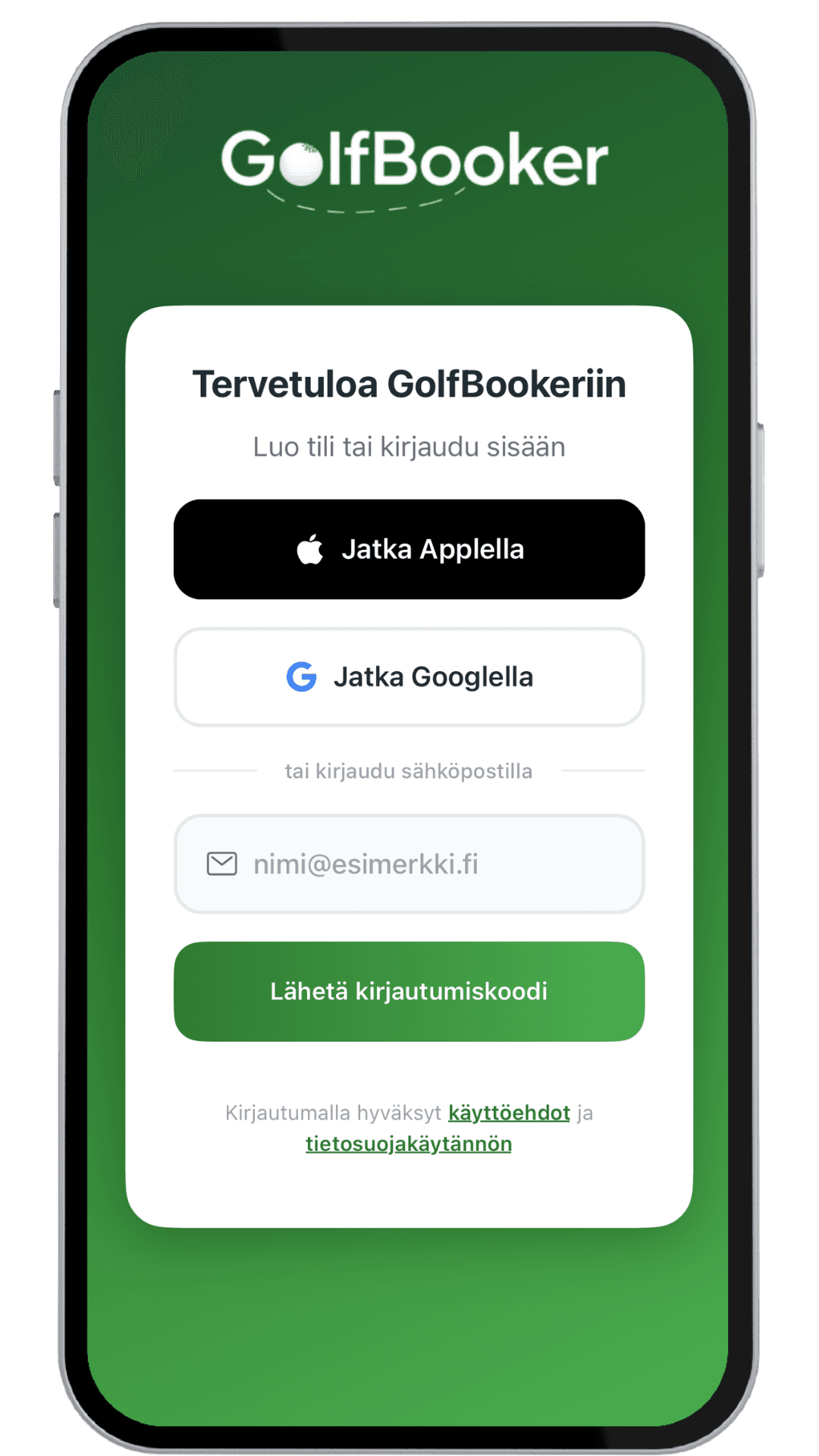 GolfBooker-sovelluksen kirjautumisnäkymä