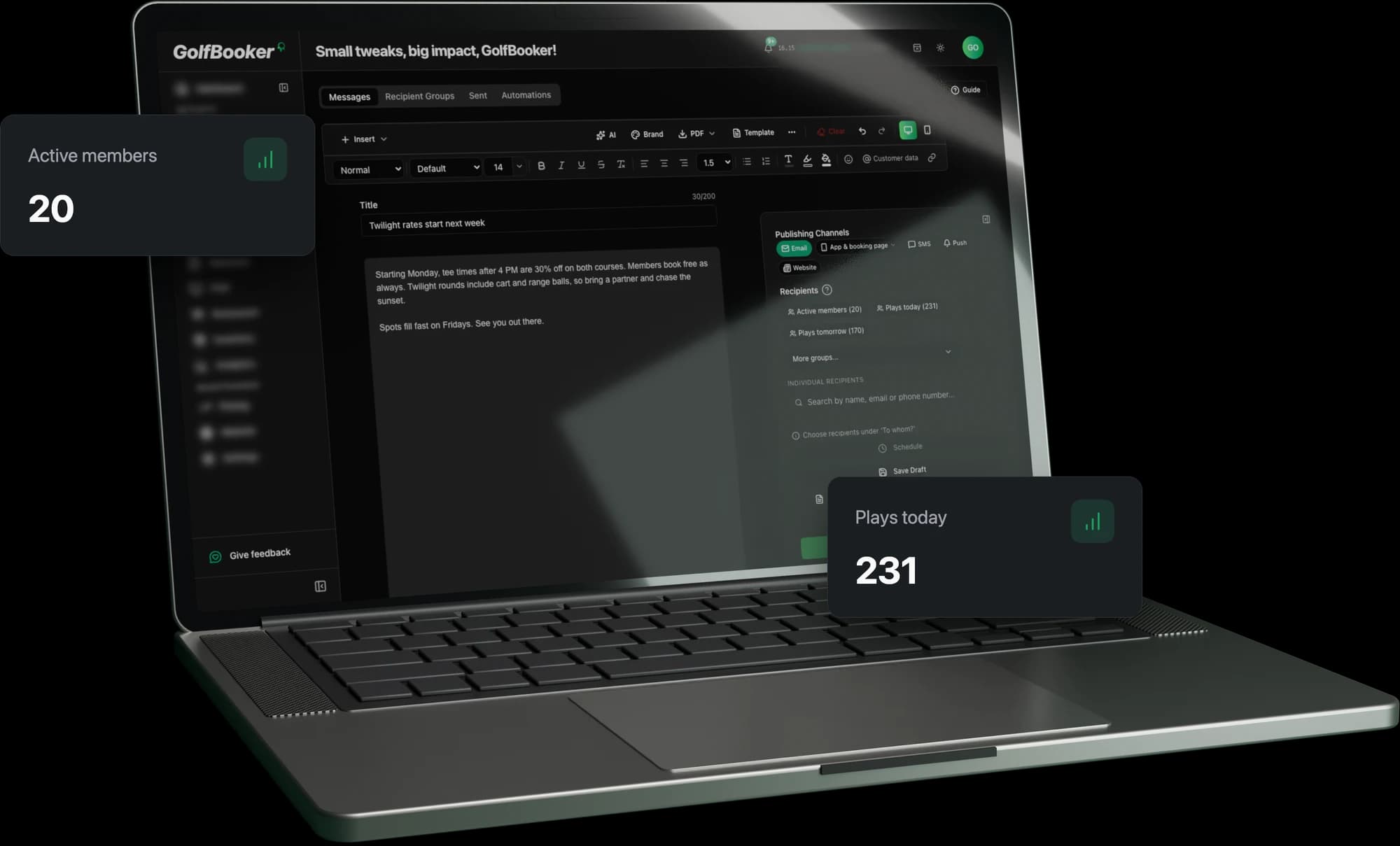 GolfBooker automation builder with an event trigger, wait step and tag step