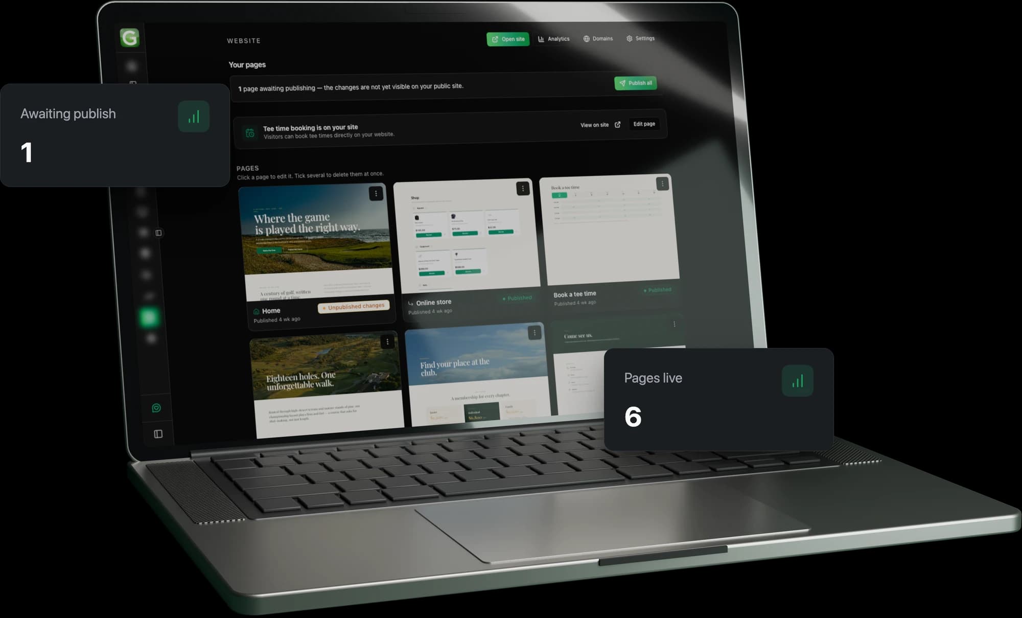 GolfBooker website editor with the club's pages and live tee time booking on a laptop