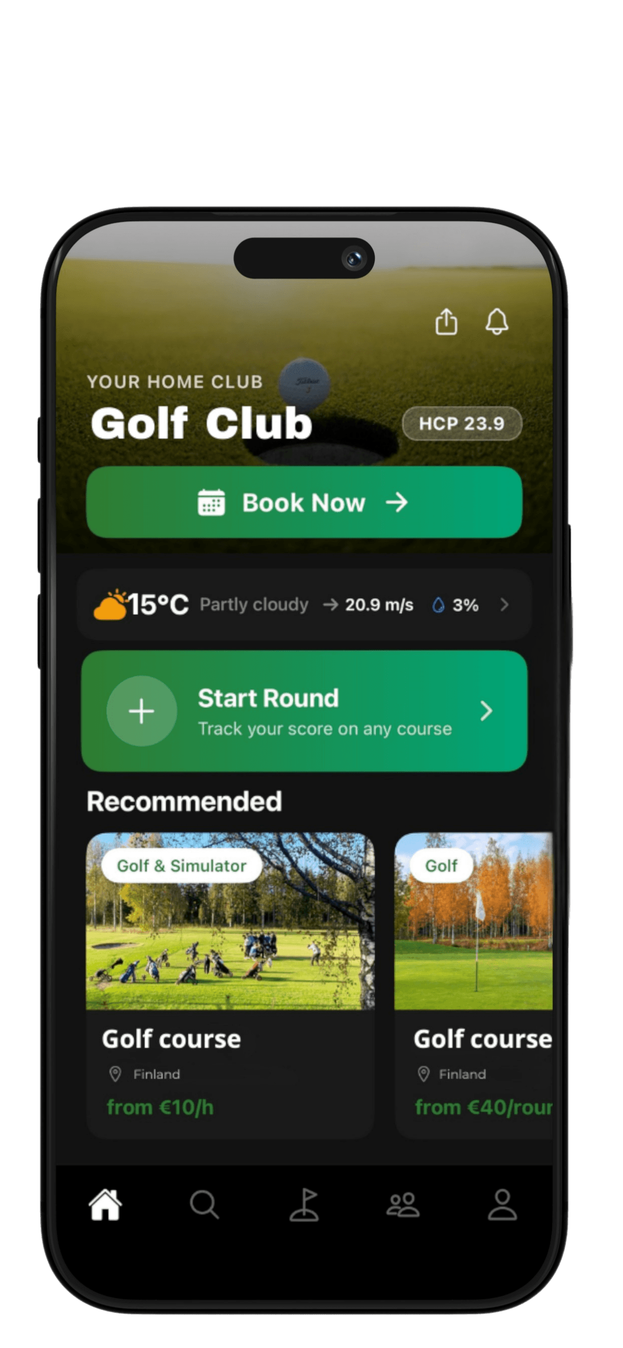 GolfBooker app home screen with tee time booking