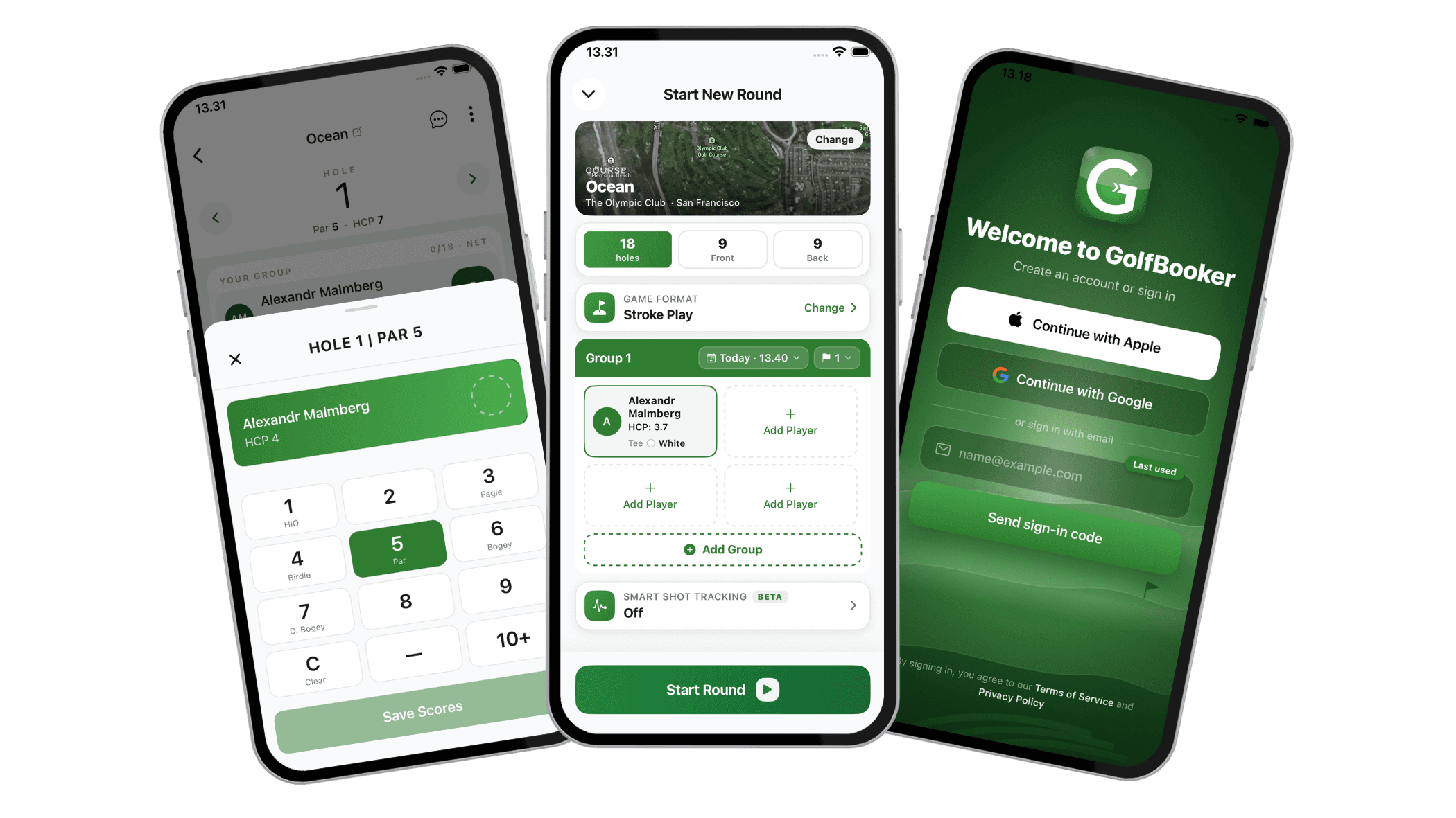 GolfBooker-appen: scoring, start af runde og login