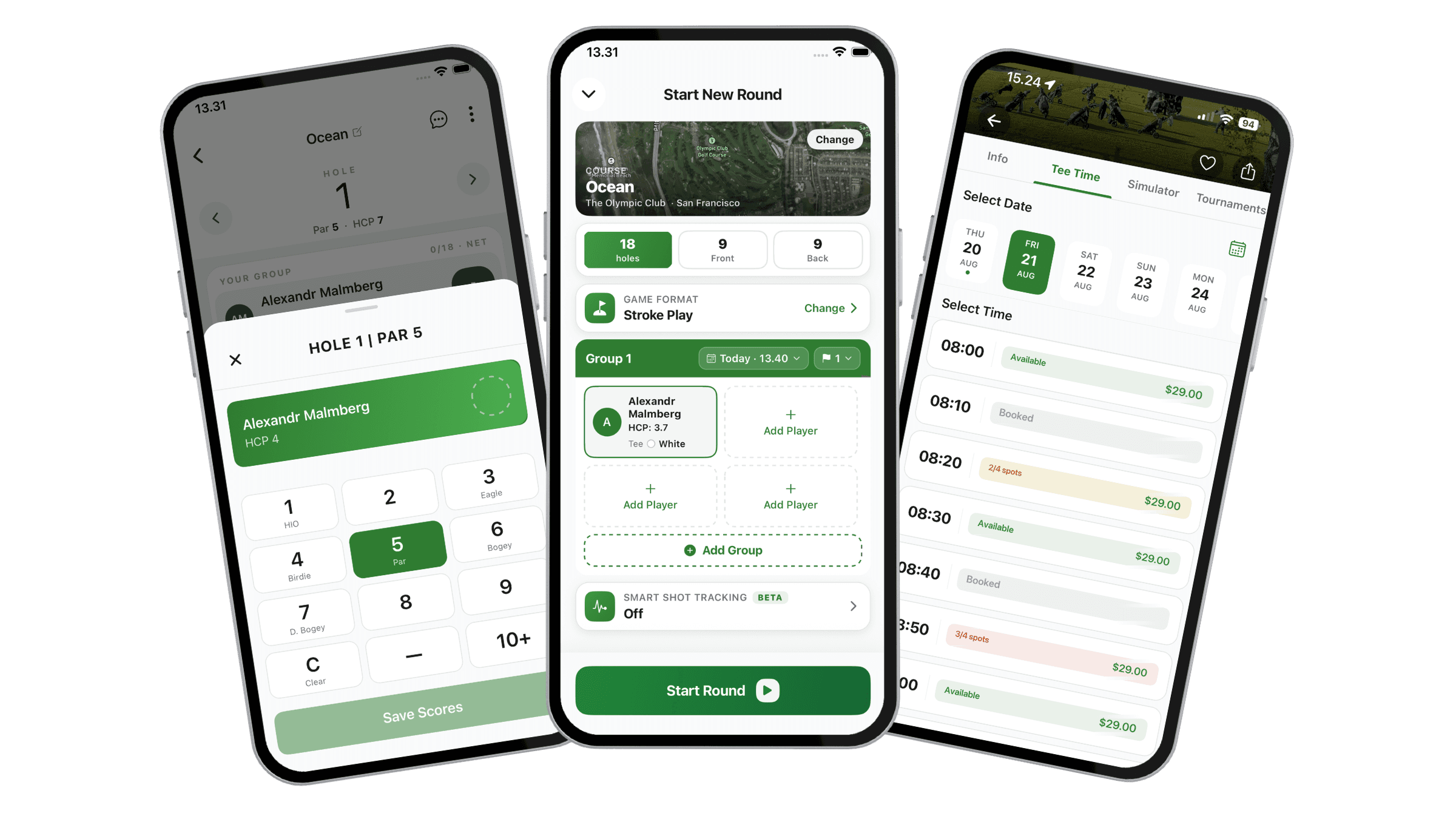 GolfBooker app screens for starting a round, entering scores and signing in