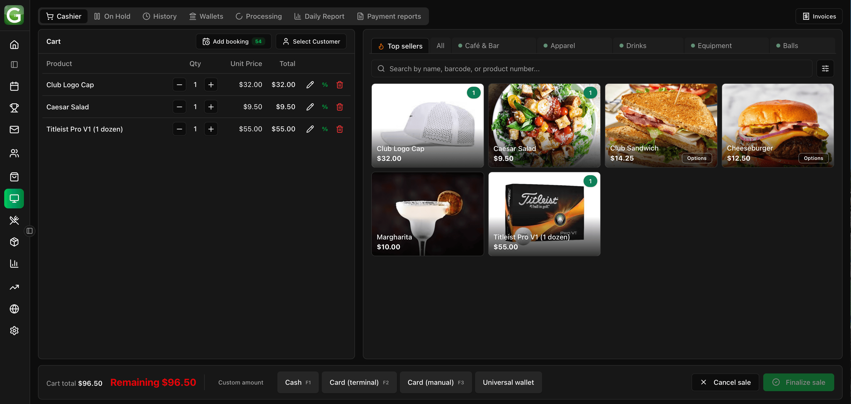 GolfBooker point of sale with a green fee and pro shop items in one checkout