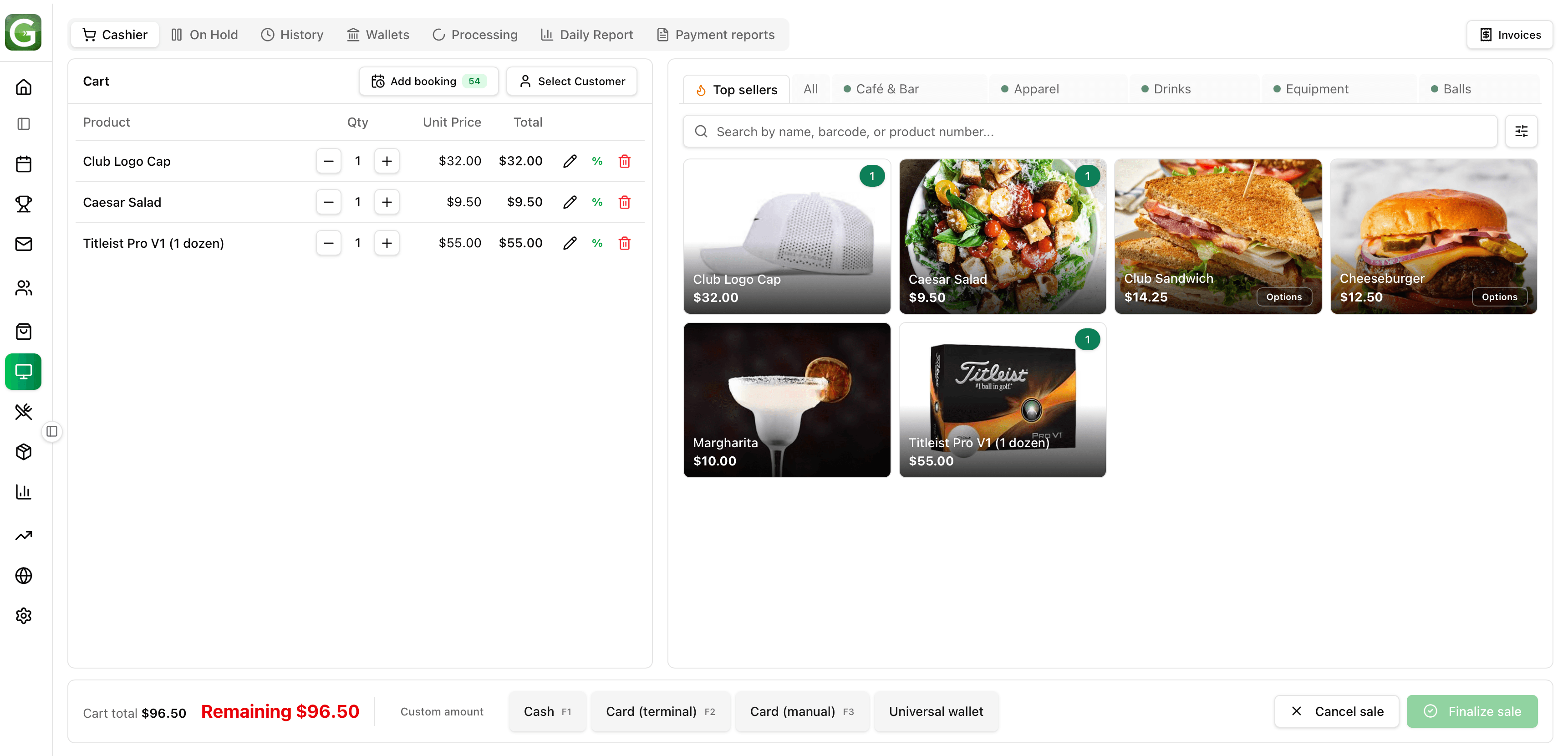 GolfBooker point of sale with a green fee and pro shop items in one checkout