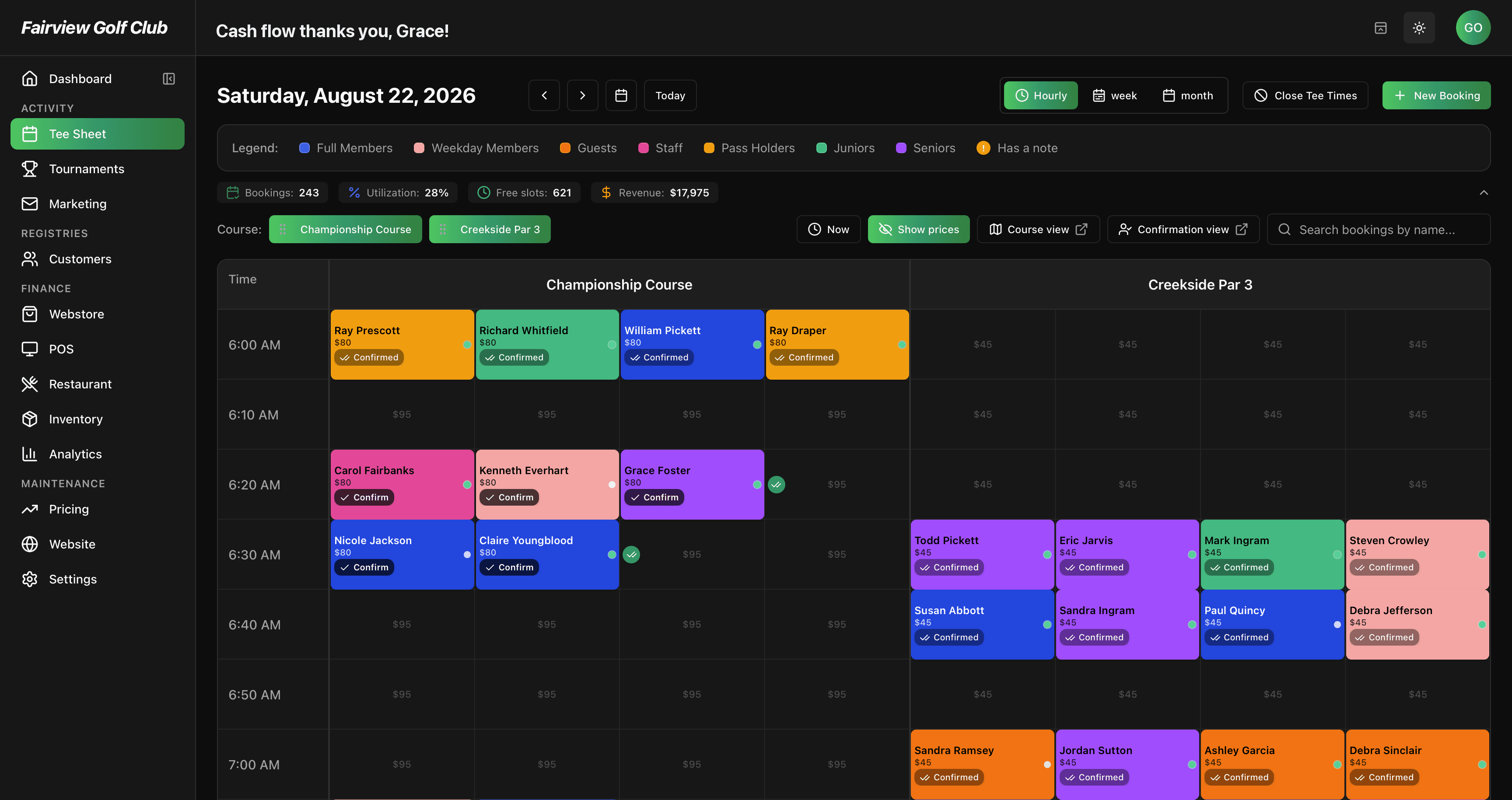GolfBooker tee sheet with a full day of bookings, pricing and player names