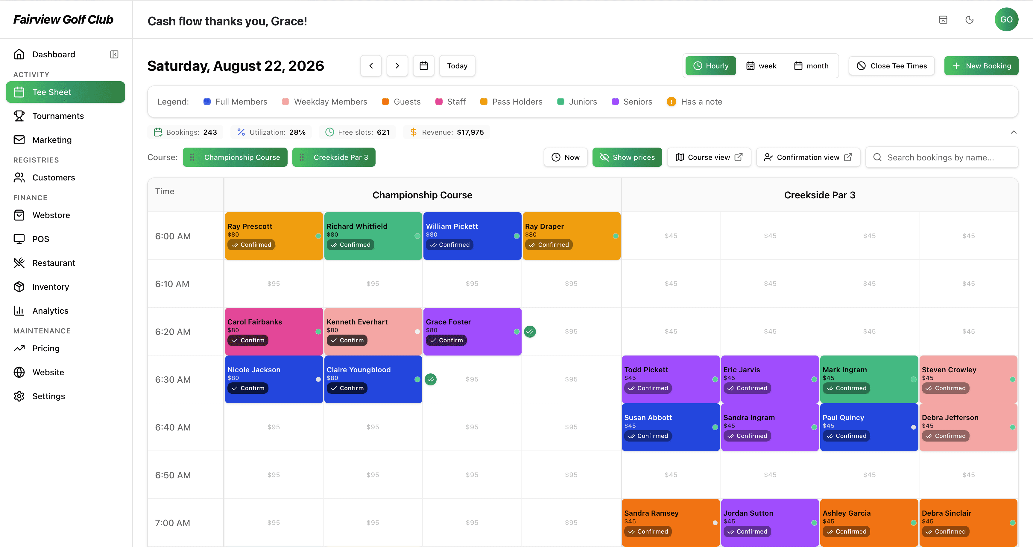 GolfBooker tee sheet with a full day of bookings, pricing and player names