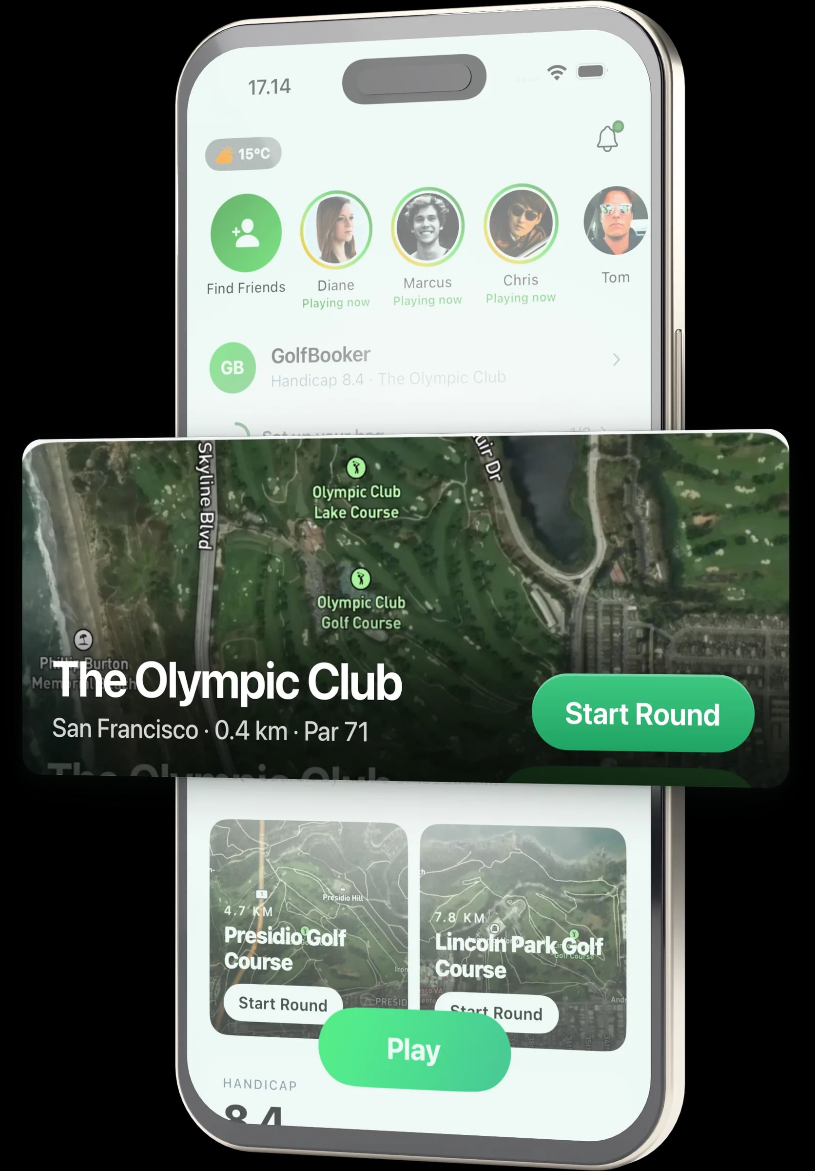 GolfBooker app screens for starting a round, entering scores and signing in