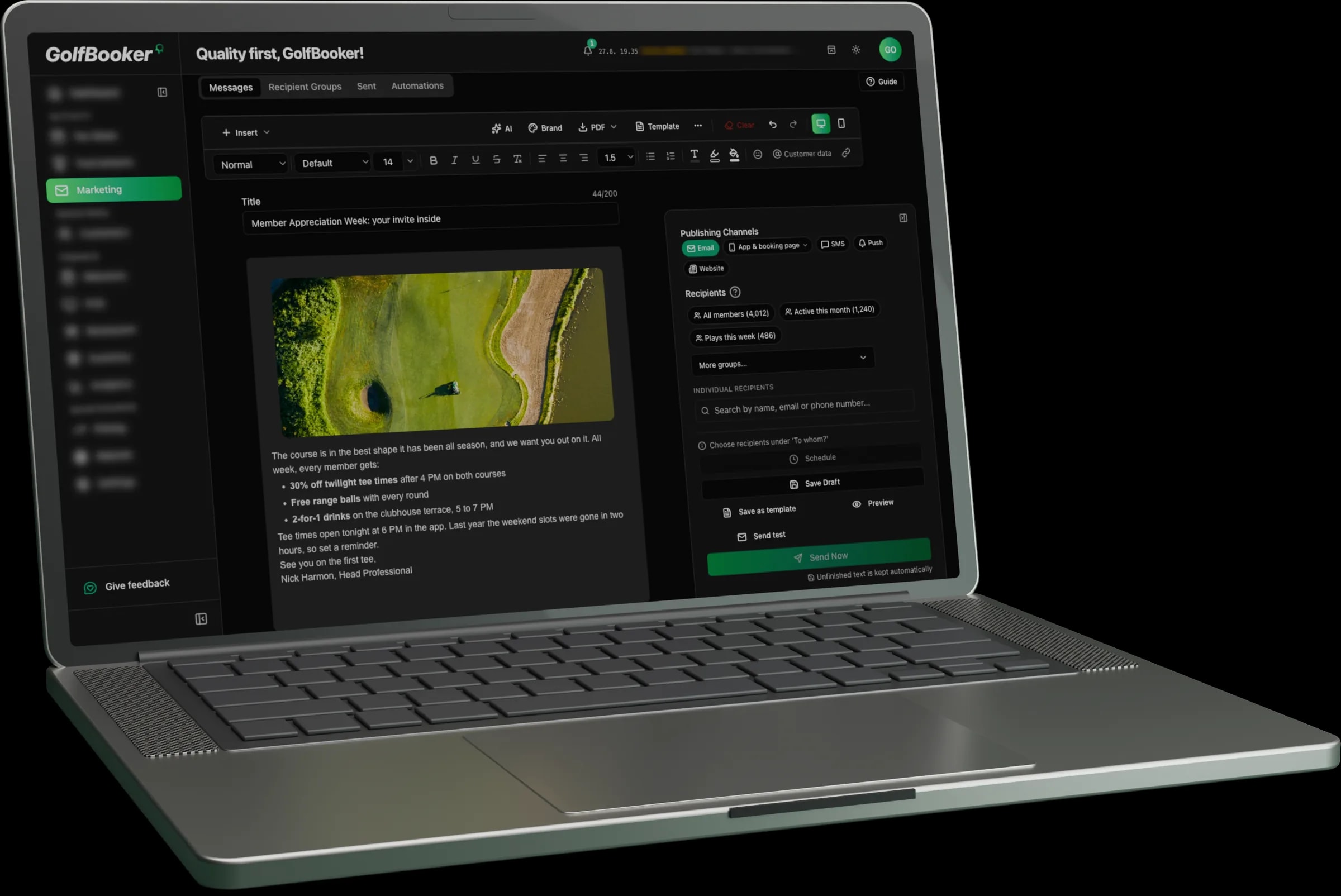 GolfBooker automation builder with an event trigger, wait step and tag step