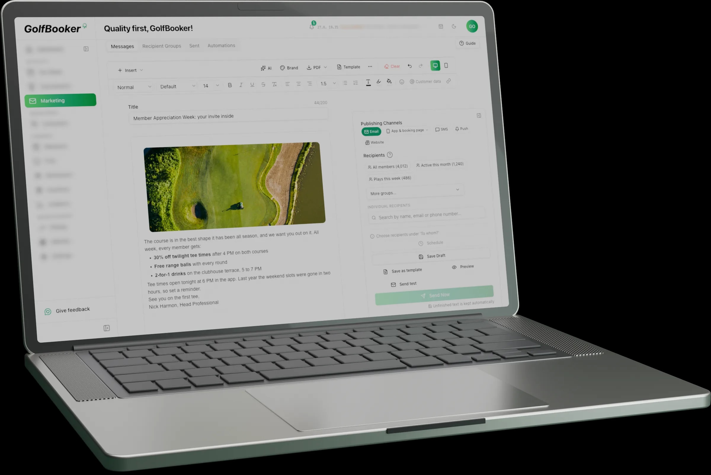 GolfBooker automation builder with an event trigger, wait step and tag step