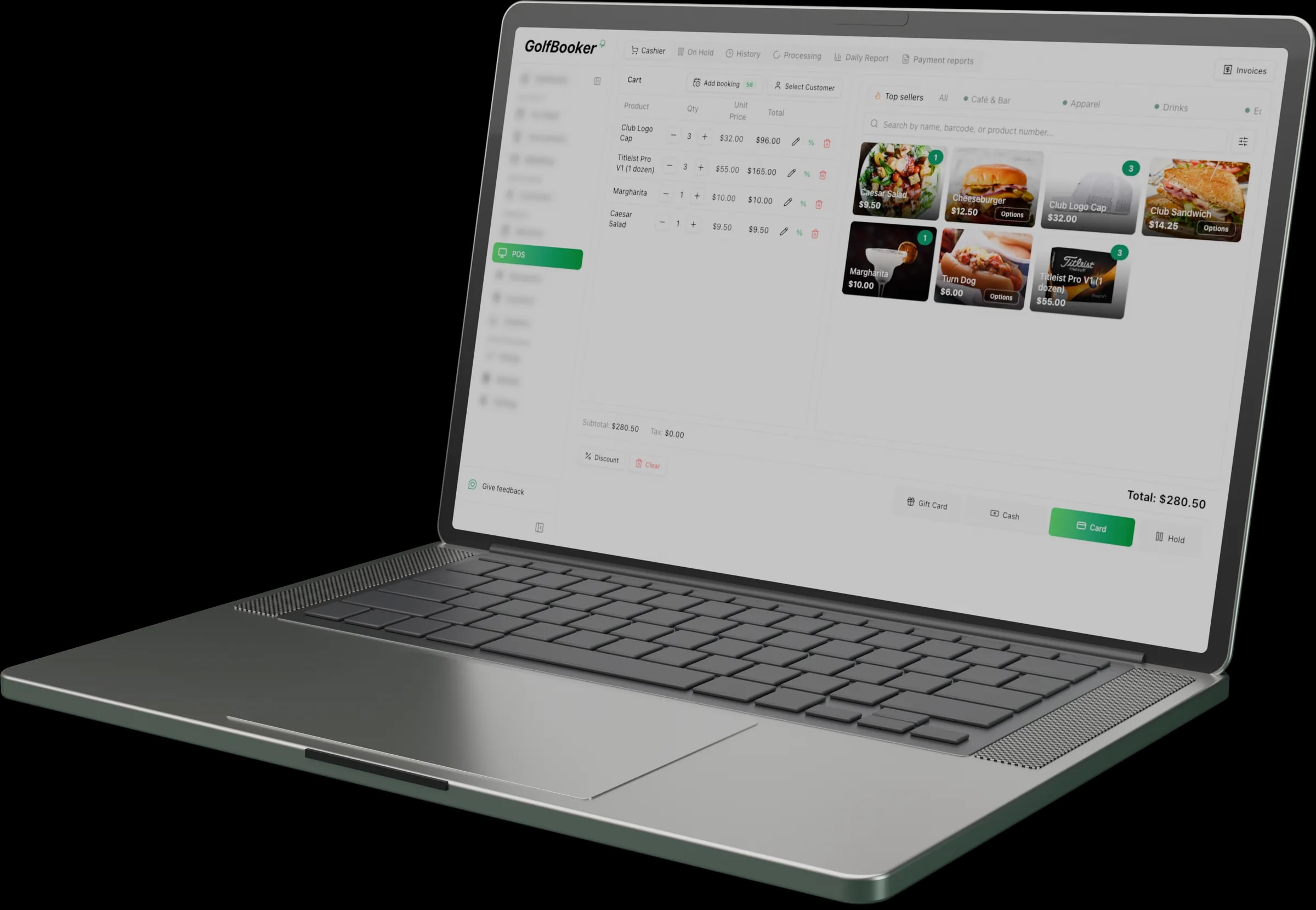 GolfBooker point of sale with a green fee and pro shop items in one checkout
