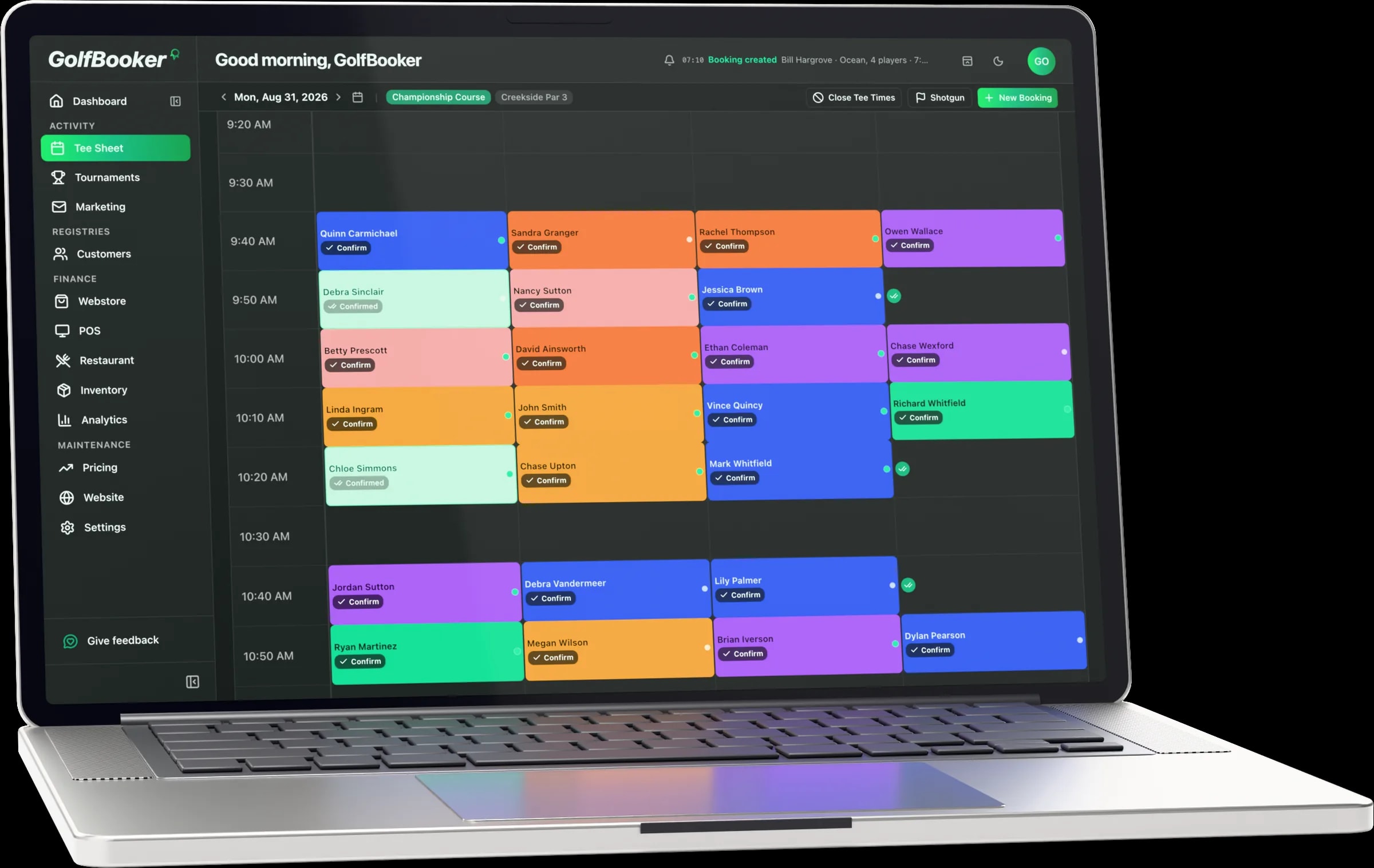 GolfBooker tee sheet showing a Saturday of bookings across two courses