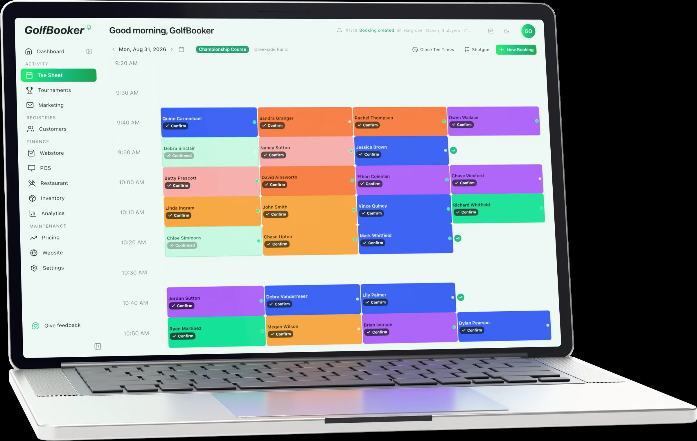 GolfBooker tee sheet showing a Saturday of bookings across two courses