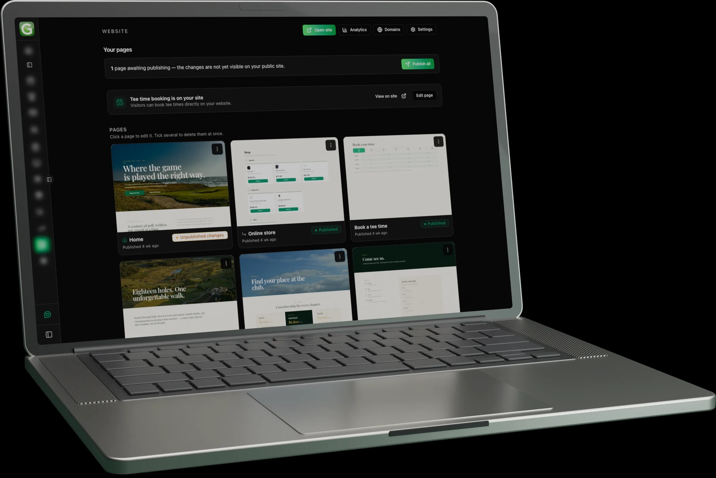 GolfBooker website editor with the club's pages and live tee time booking on a laptop