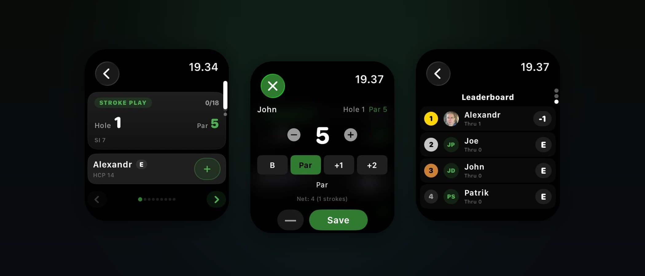 GolfBooker Apple Watch app showing scorecard, score entry and live leaderboard