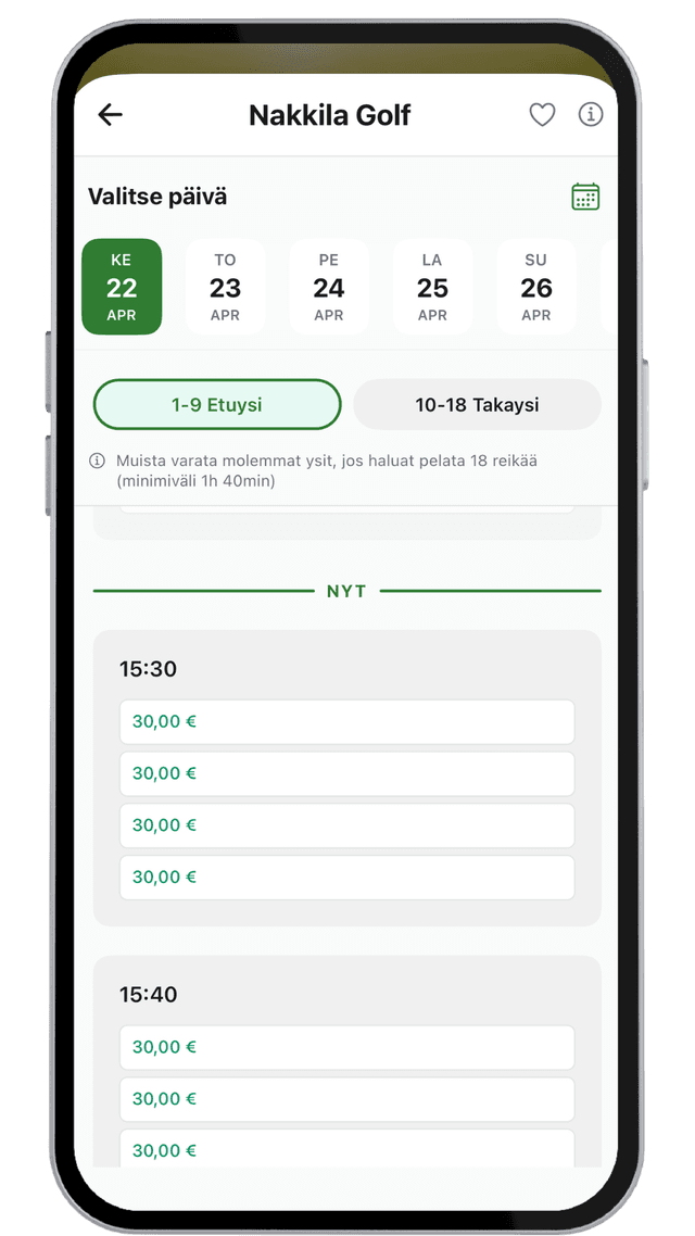 Tiiajan varausnäkymä: päivämäärät, ysit ja vapaat ajat hinnalla