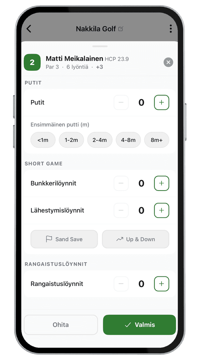 Yksityiskohtaiset tilastot -näkymä: putit, short game ja rangaistuslyönnit