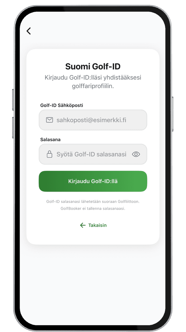 Golf-ID:n yhdistysnäkymä: sähköposti- ja salasanakentät