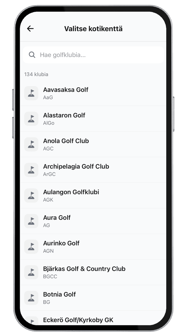 Valitse kotikenttä -näkymä: haku ja klubilista