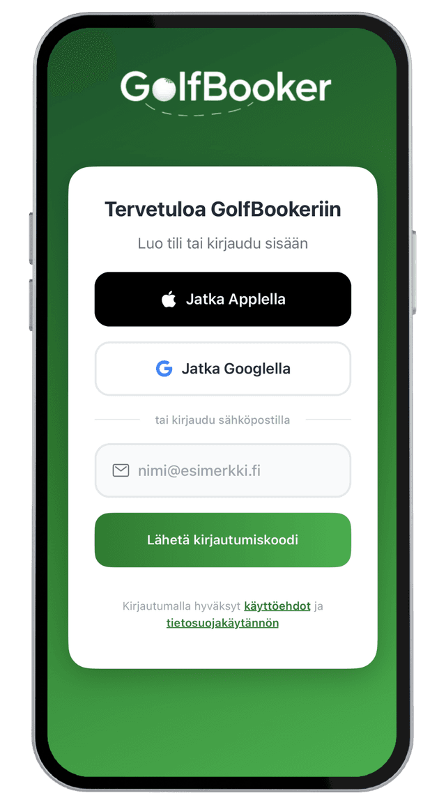GolfBookerin kirjautumisnäkymä: Jatka Applella, Jatka Googlella, sähköpostikenttä