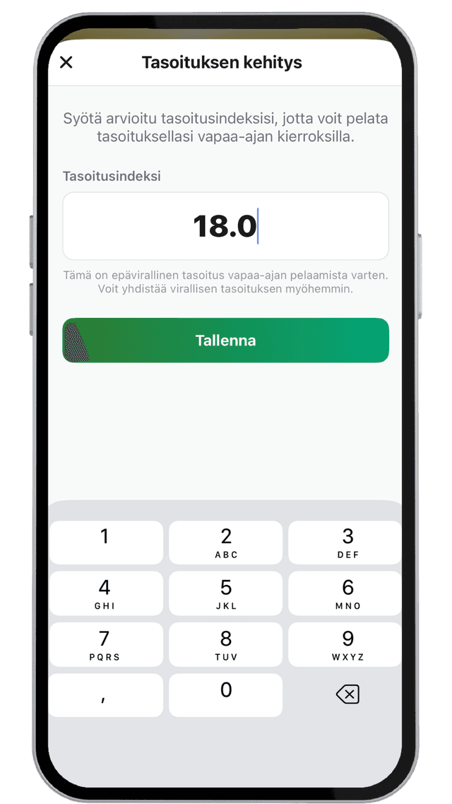 Tasoituksen kehitys -näkymä: tasoitusindeksin manuaalinen syöttö