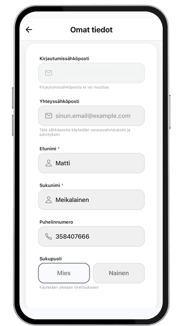 Omat tiedot -näkymä: sähköposti, nimi, puhelin ja sukupuoli