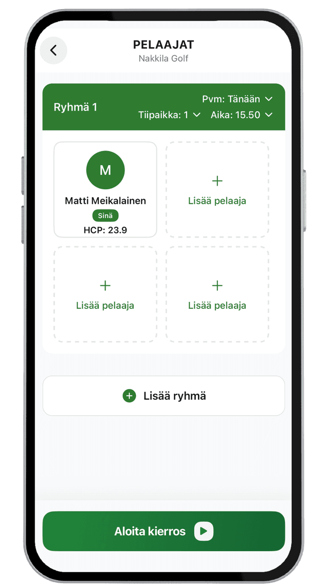 Pelaajat-näkymä: ryhmän pelaajat, tiipaikka ja Aloita kierros -painike