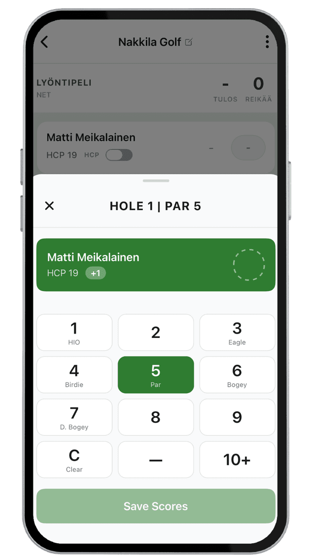 Tuloksen merkkaus: reikäkohtainen näppäimistö 1-10+ ja pikavalinnat HIO, Eagle, Birdie, Par, Bogey, D. Bogey
