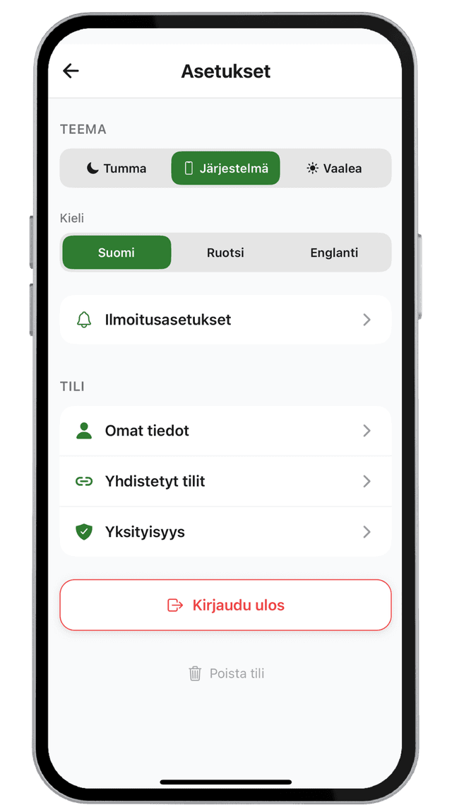 Asetukset-näkymä: teema, kieli, ilmoitukset ja tili