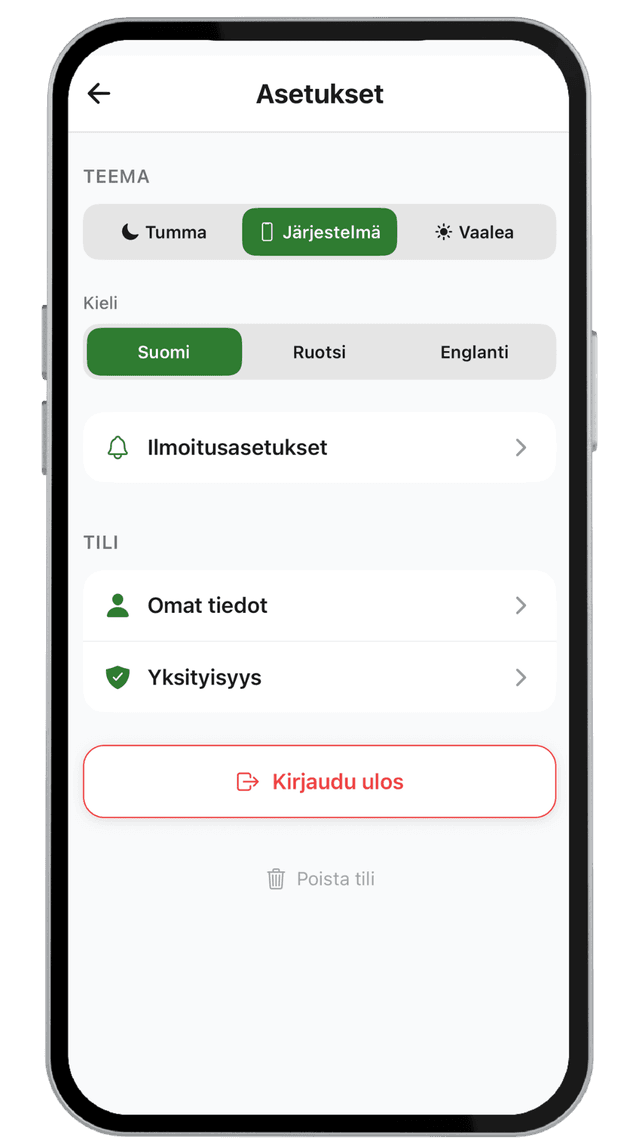 Asetukset-näkymä: teema, kieli, ilmoitukset ja tili