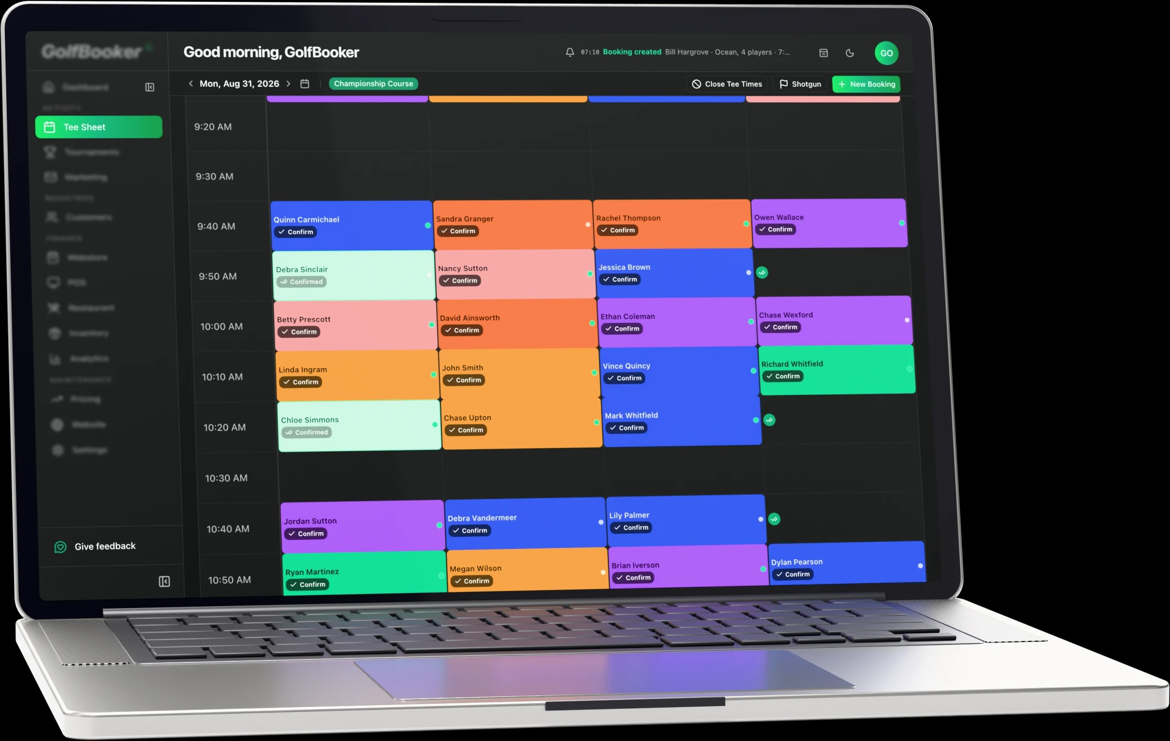 The GolfBooker tee sheet showing a morning of bookings with player names and confirmation status