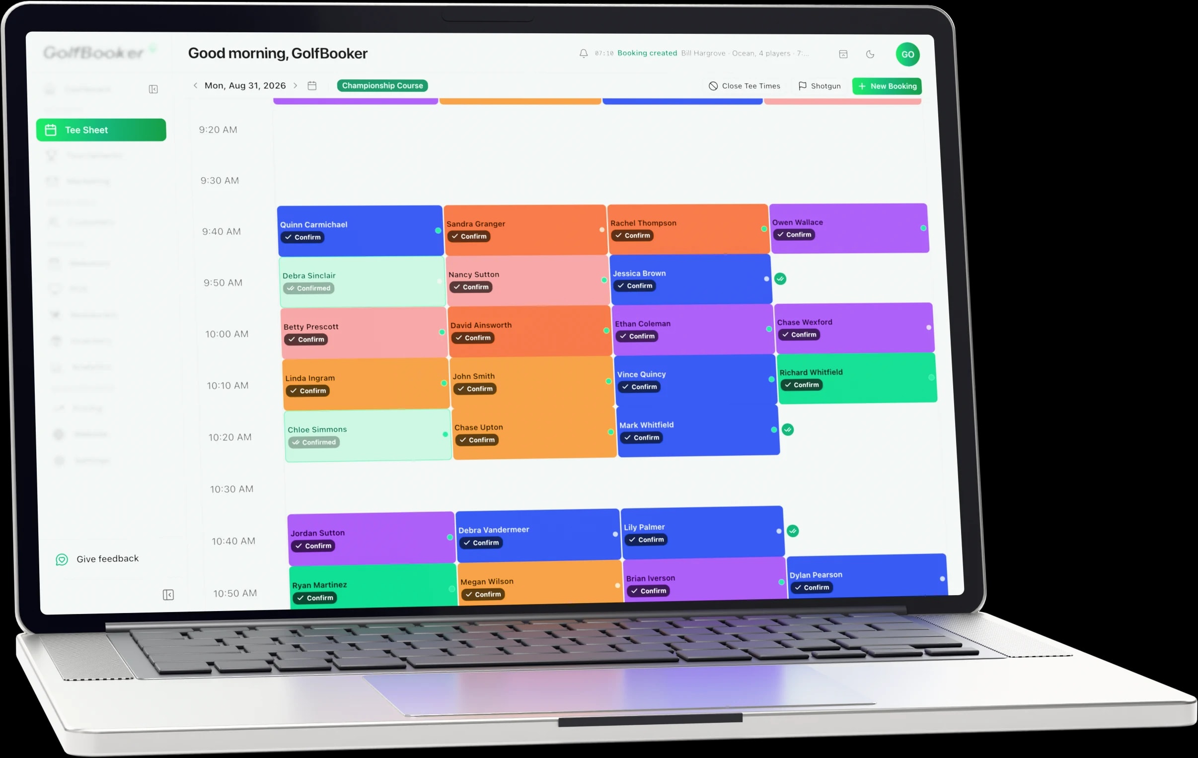 The GolfBooker tee sheet showing a morning of bookings with player names and confirmation status