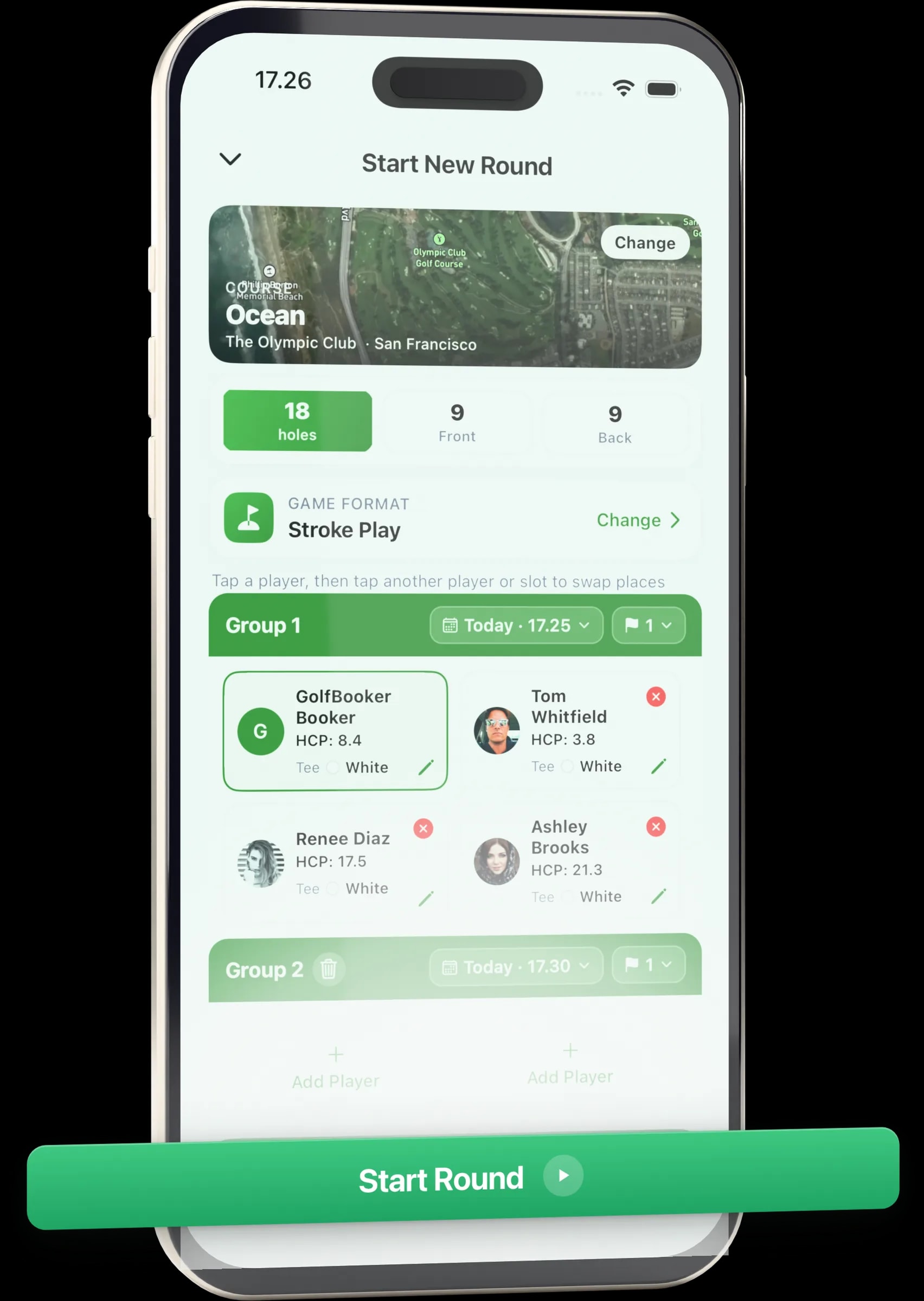 GolfBooker app starting a round, with the Start Round control lifted off the screen
