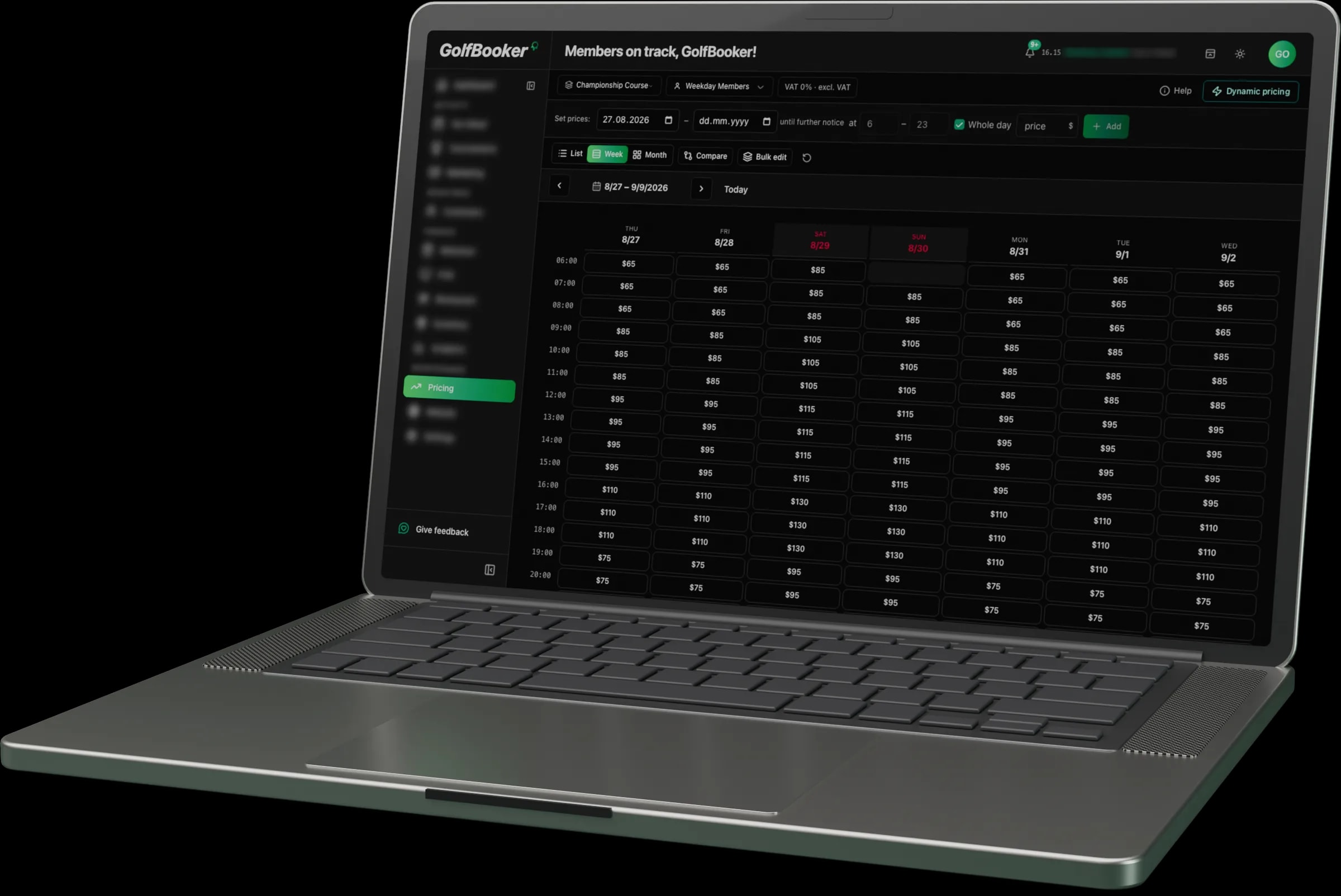 Green fee pricing rules in GolfBooker, set by day, time and player category.