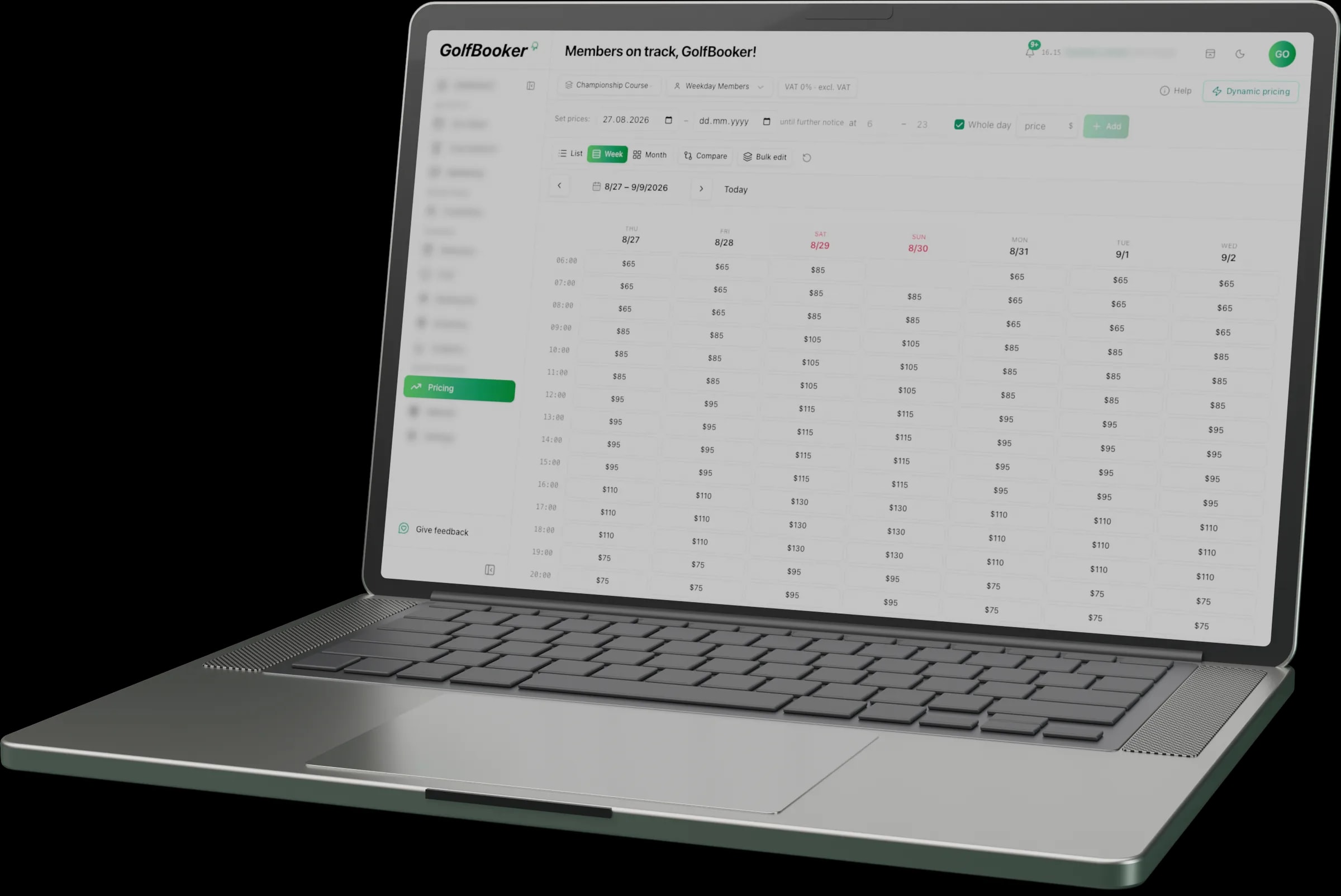 Green fee pricing rules in GolfBooker, set by day, time and player category.