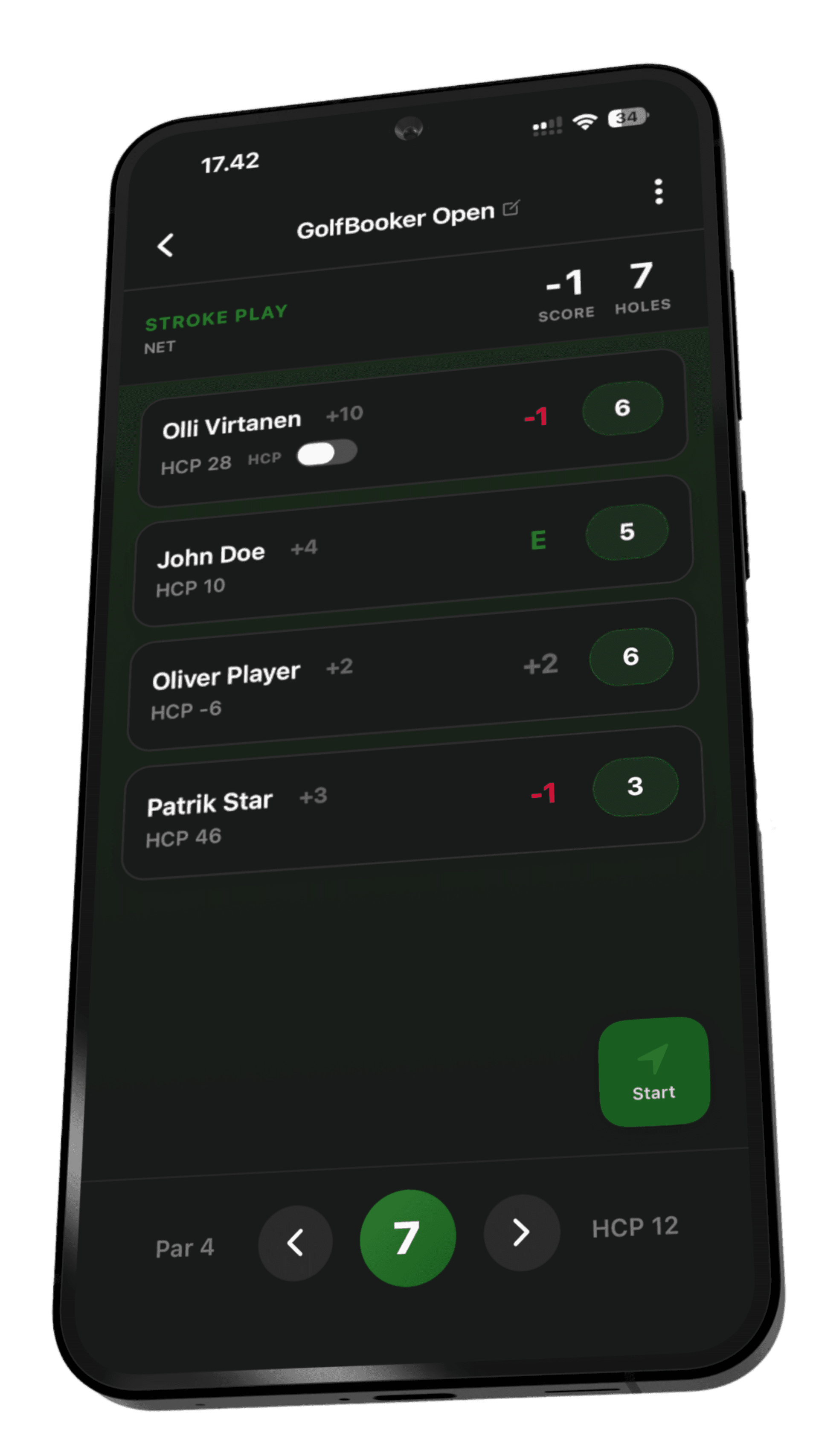 GolfBooker digital scorecard showing live tournament scoring