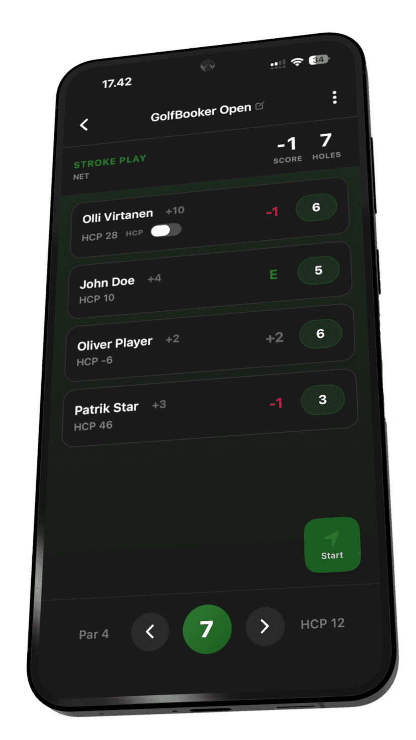 GolfBooker scorecard showing live tournament scoring