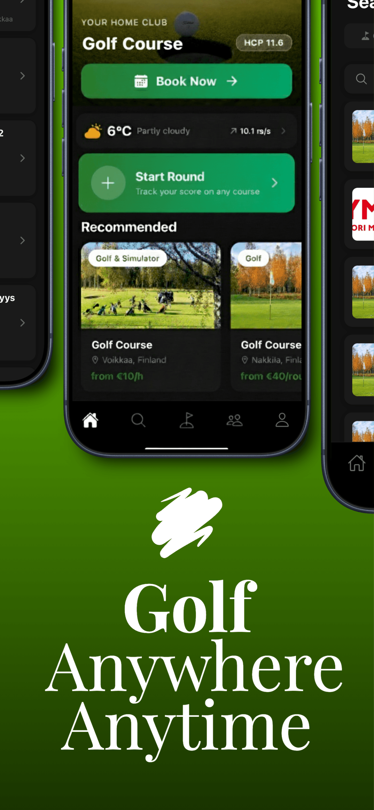 GolfBooker app home screen and booking
