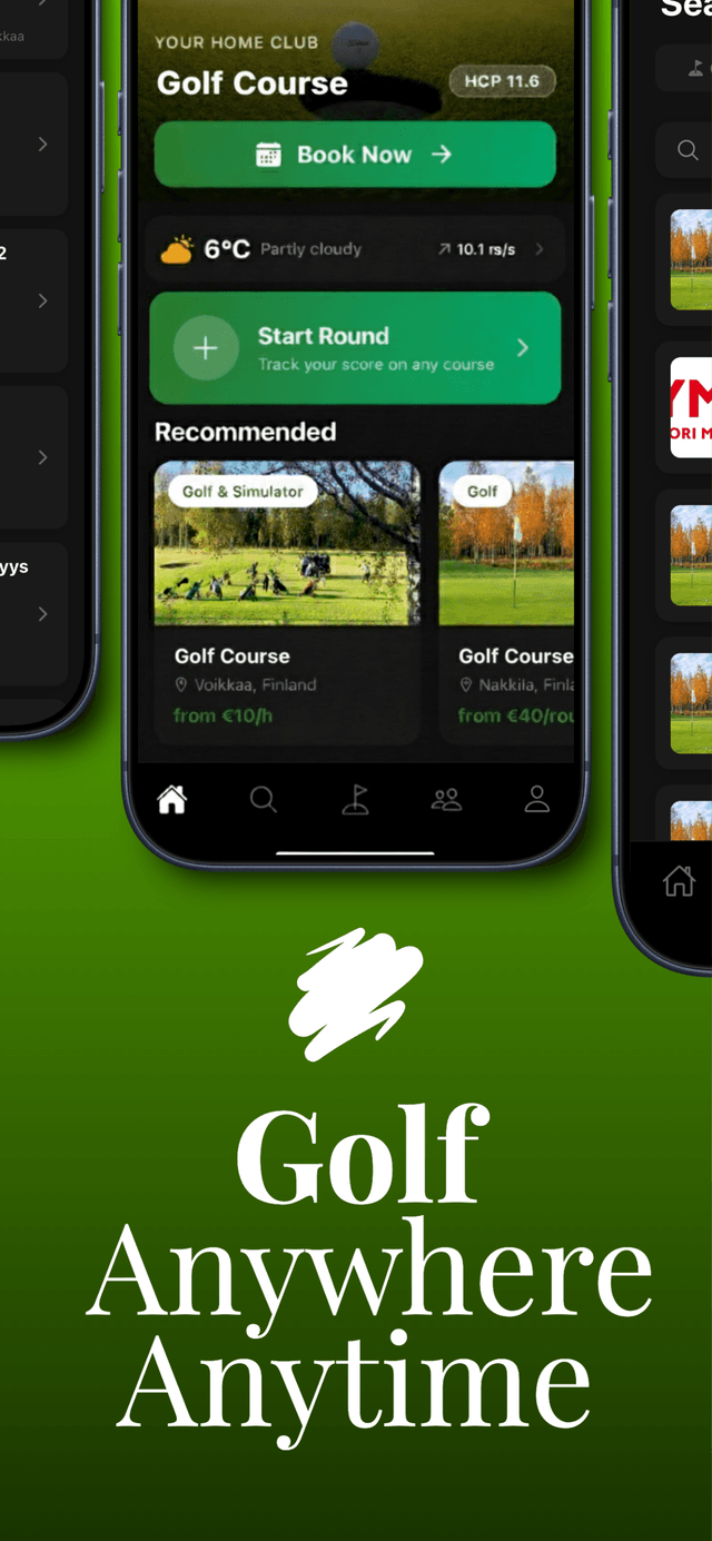 Golf Anywhere Anytime — GolfBooker home screen with booking and courses