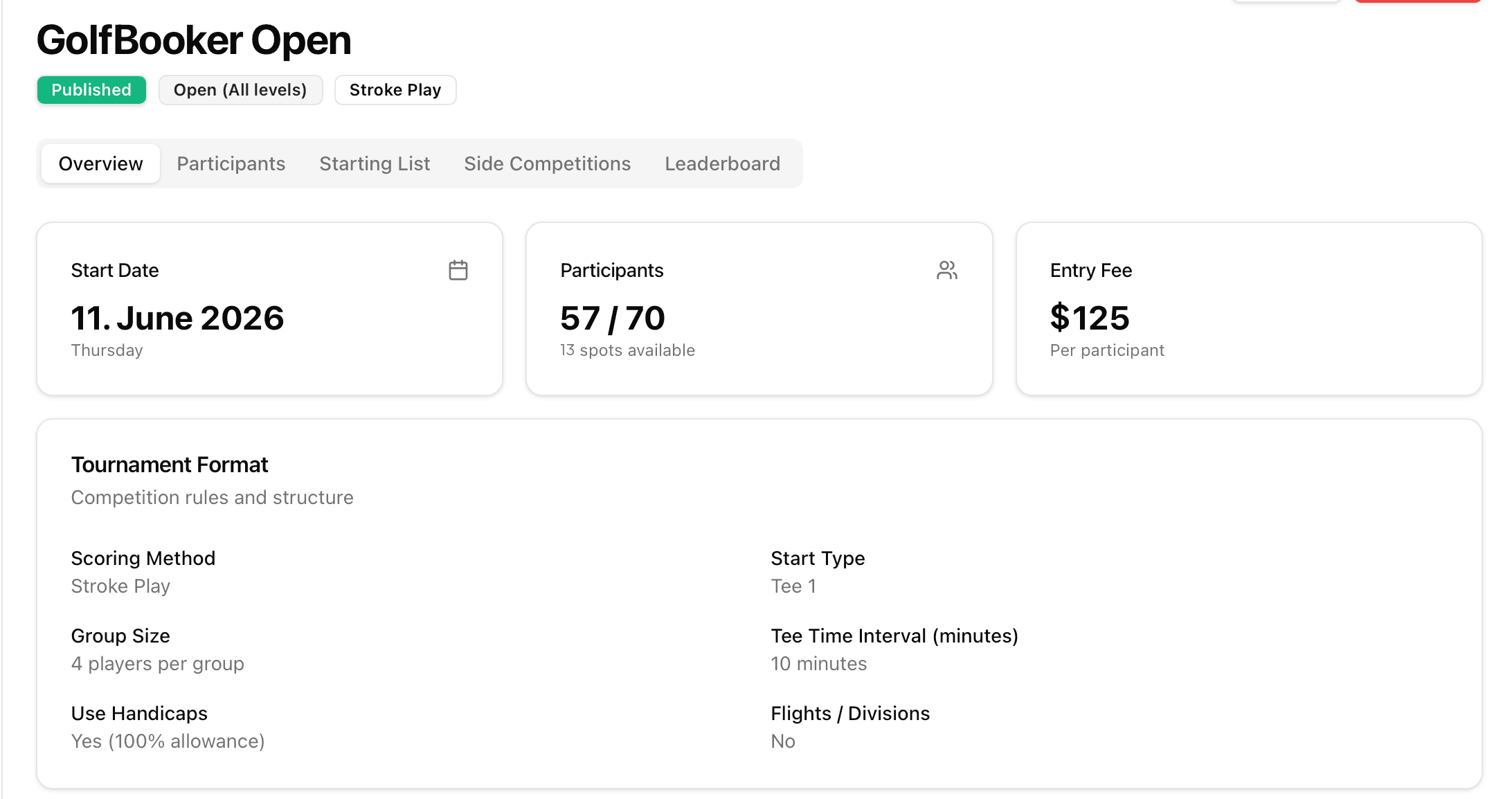 GolfBooker tournament overview showing start date, participants, entry fee and format settings