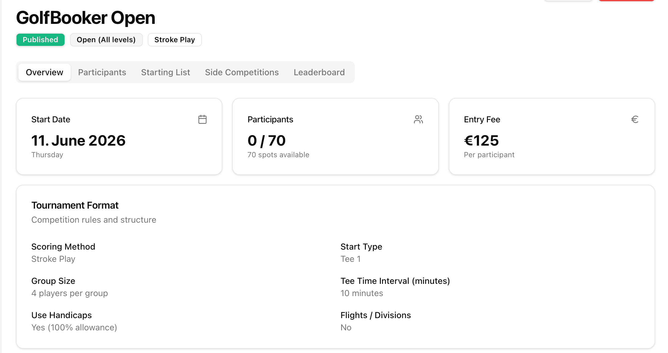 GolfBooker tournament overview showing start date, participants, entry fee and format settings