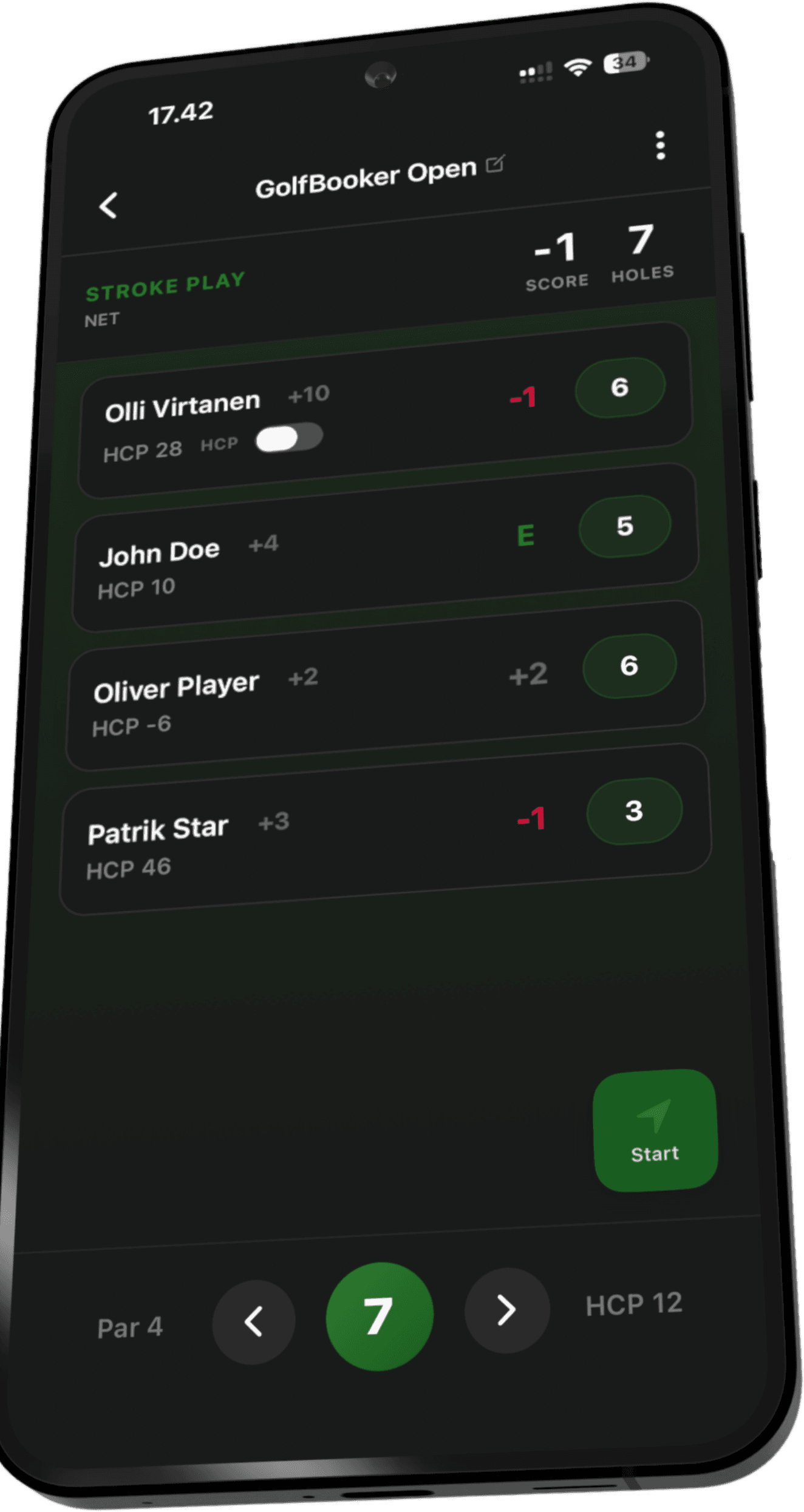 GolfBooker scoring app showing a live stroke play round