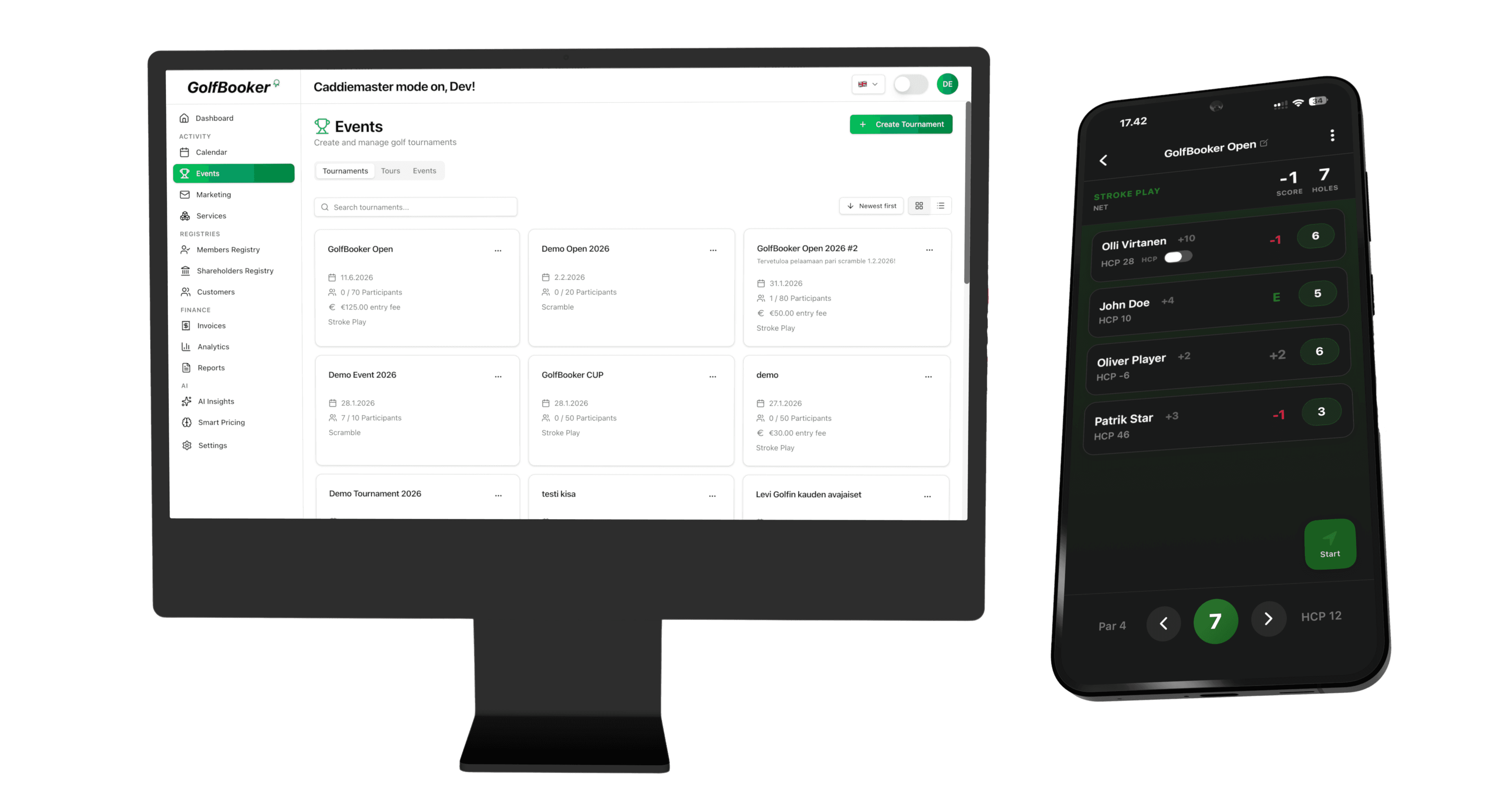 GolfBooker tournament management dashboard showing tournaments, participants and revenue overview